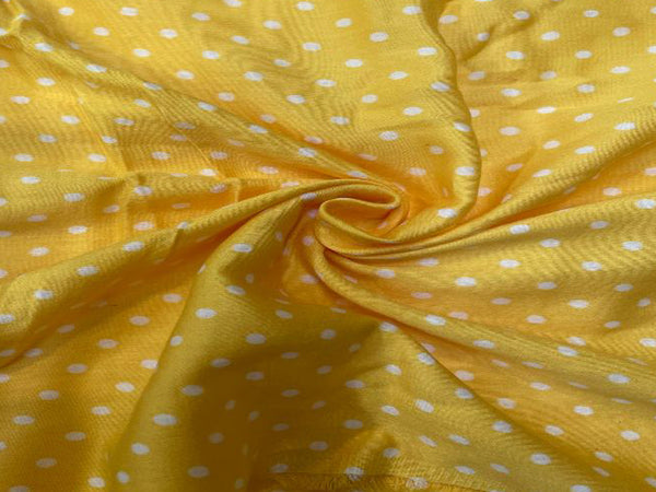 Yellow Printed Cotton Mul Satin Fabric