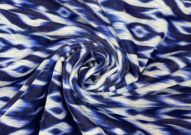 Pure Silk Velvet Blue White Abstract Print