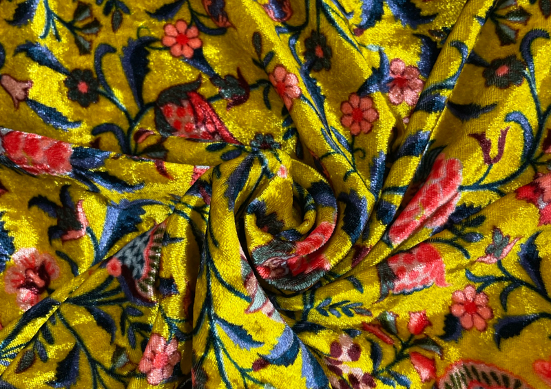 Pure Silk Velvet Yellow Multicolor Floral Print
