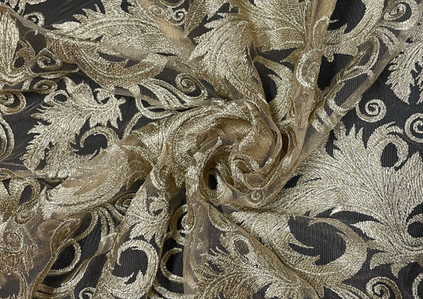 Golden Traditional Embroidered Net Fabric