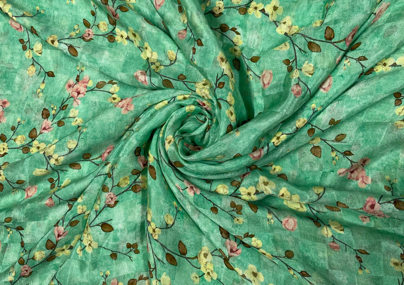 Pure Silk Checknet Pista Green Floral Print