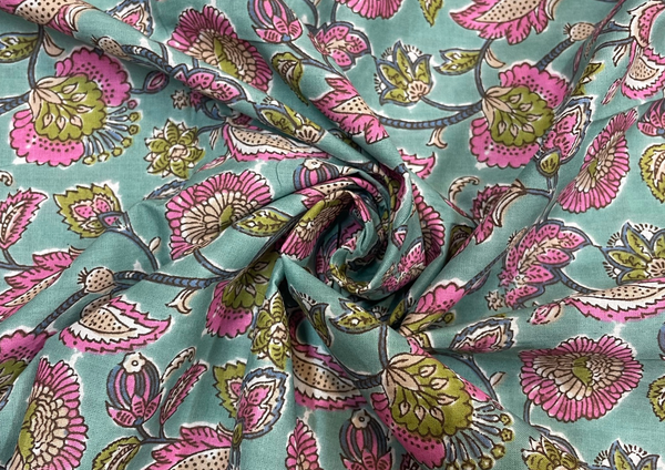 Cotton Cambric Sea Green Floral Print