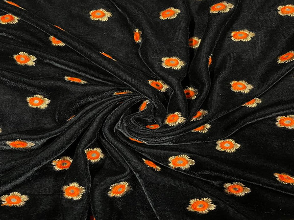 Embroidered Velvet Black Orange Flowers 1