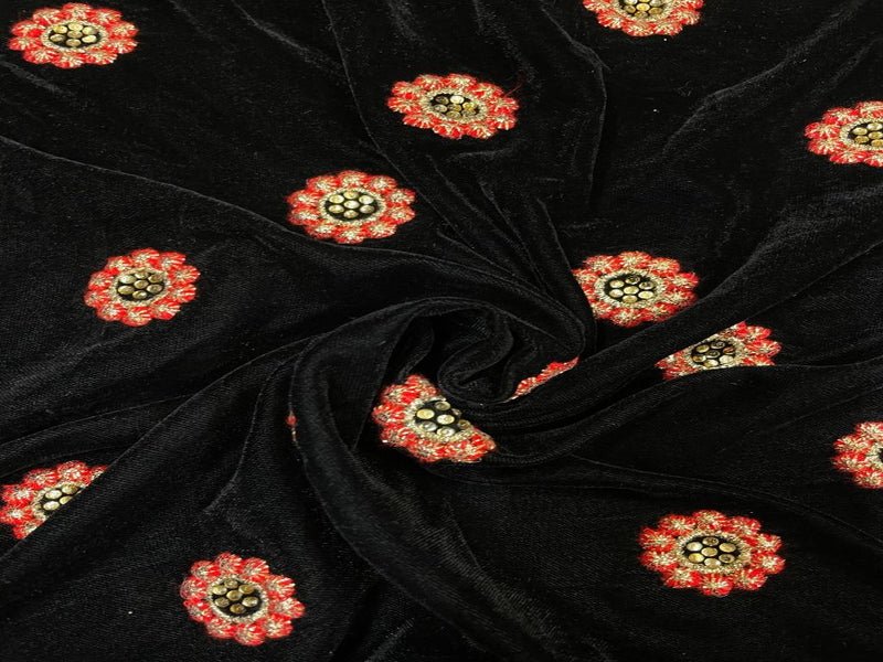 Embroidered Velvet Black Orange Flowers