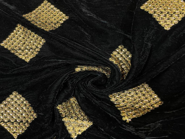 Black Geometric Embroidered Velvet Fabric