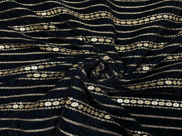 Black Stripes Embroidered Velvet Fabric