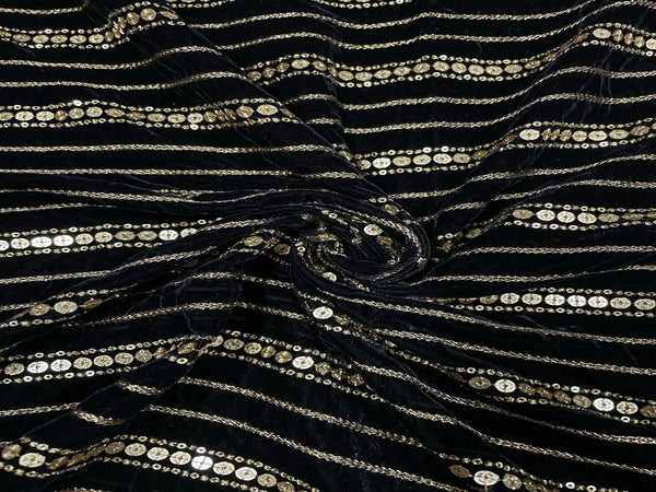 Navy Blue Sequins Embroidered Velvet Fabric