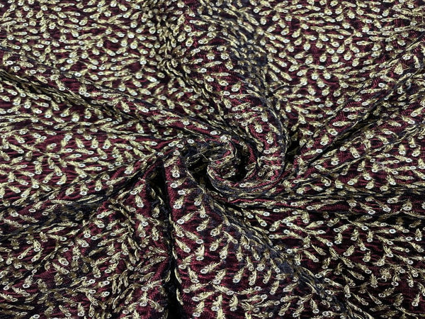 Deep Maroon Intricate Sequins Motifs Embroidered Velvet Fabric
