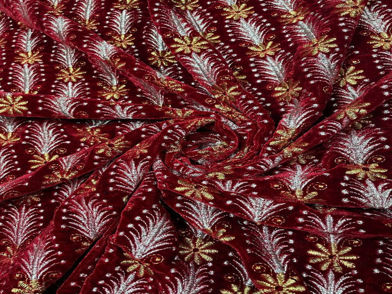Maroon Golden Silver Flowers Embroidered Velvet Fabric
