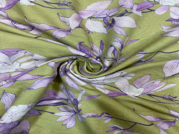 Semi Pashmina Pista Green Purple Flowers