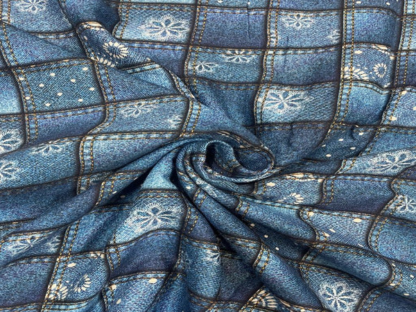 Dark Blue Geometric Printed Corduroy Fabric