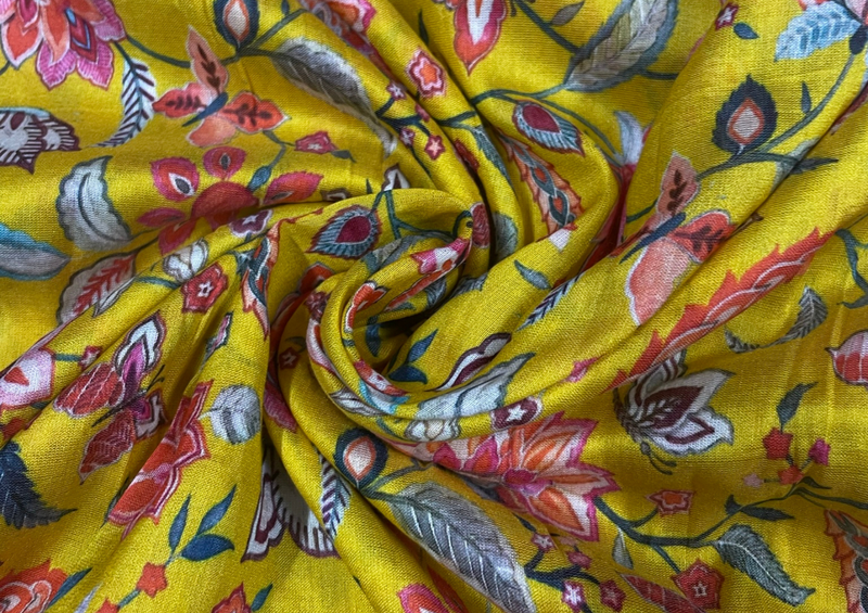 Pure Chanderi Silk Yellow Multicolor Floral Print