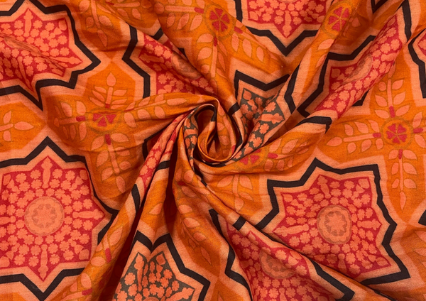 Orange Geometric Pure Matka Silk Fabric