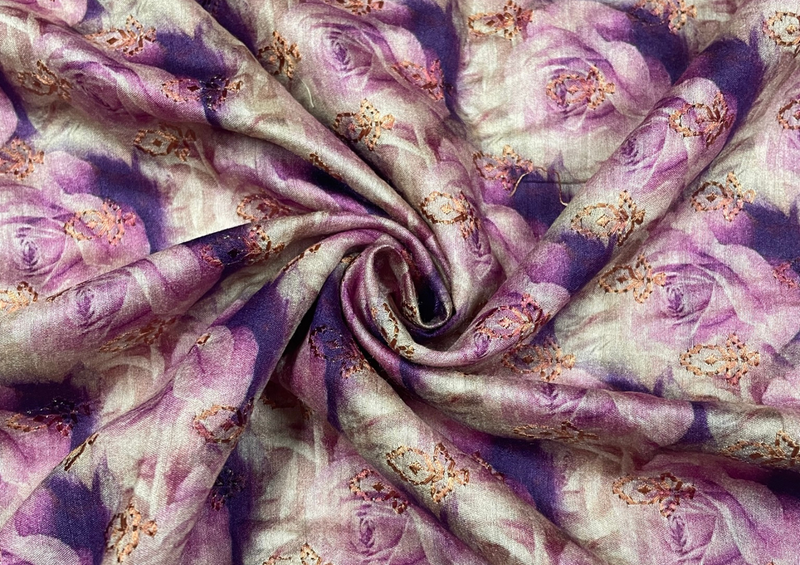 Embroidered Pure Monga Silk Purple Flowers Print