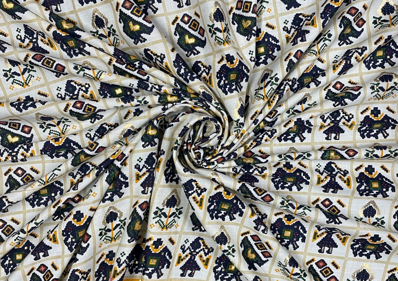 Multicolor Traditional Foil Printed Slub Linen Fabric