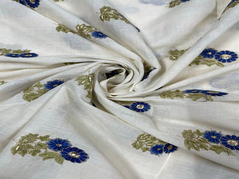 Off White Motifs Embroidered Cotton Fabric