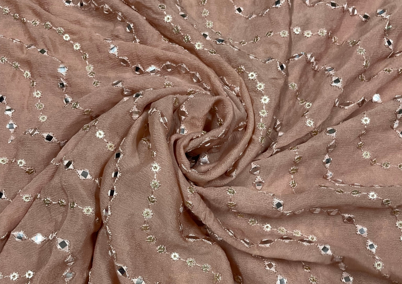 Dusty Pink Waves Embroidered Semi Chiffon Fabric