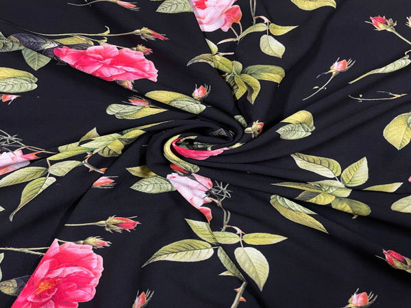 Black Pink Flowers Printed Georgette Fabric