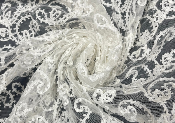 White Paisley Embroidered Net Fabric