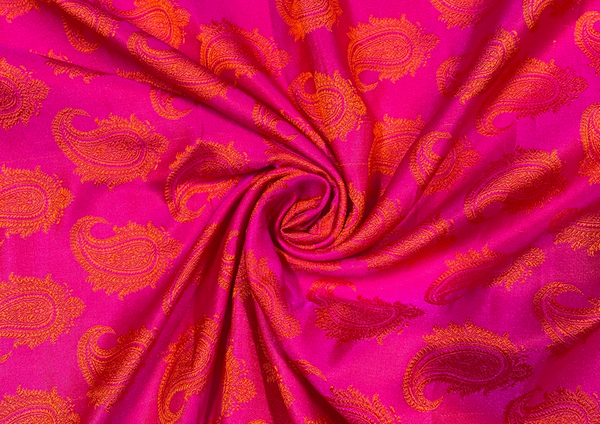 Pure Tanchoi Silk Dark Pink Orange Paisleys Print