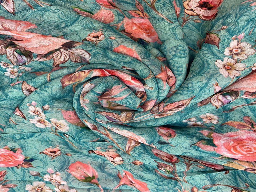 Green Peach Floral Printed Pure Georgette Fabric