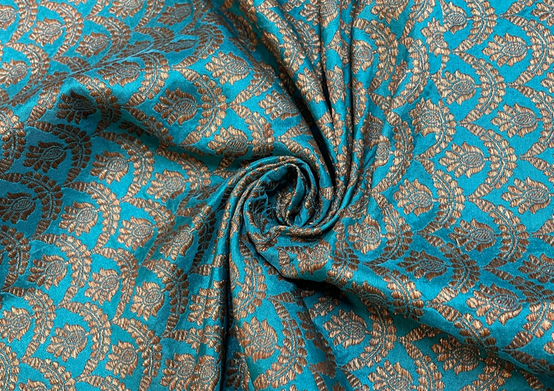 Pure Brocade Turquoise Blue Golden Floral