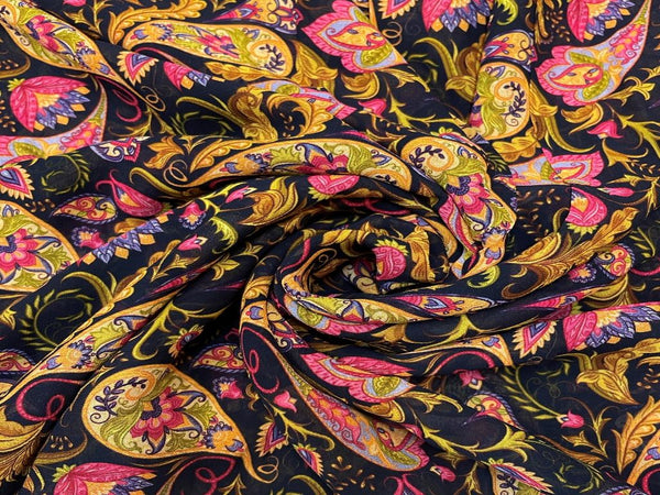 Black Multicolour Paisleys Printed Pure Georgette Fabric