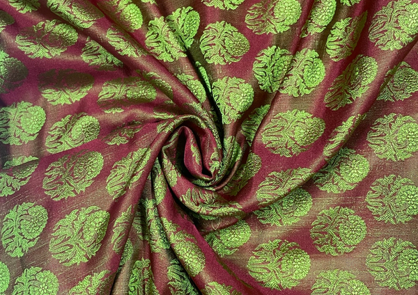 Maroon & Green Morifs Pure Tanschui Silk Fabric