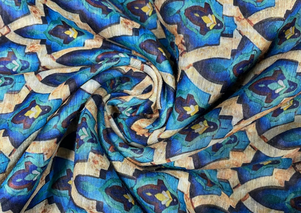 Blue Floral Printed Semi Chanderi Fabric