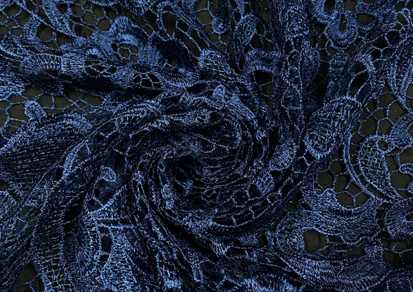 Navy Blue Floral Cutwork Embroidered Net Fabric
