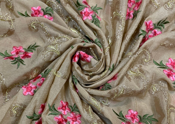 Light Beige Floral Embroidered Semi Chiffon Fabric