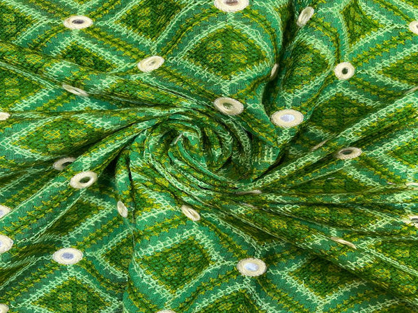 Green Geometric Embroidered Dyed Chanderi Fabric