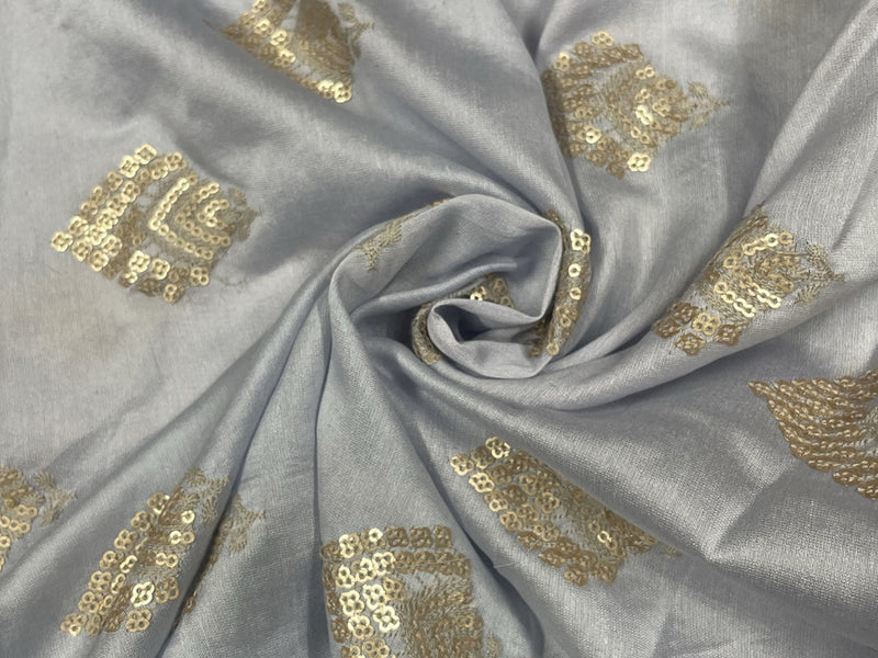 Dyed Embroidered Pure Chanderi Silk Grey Floral Motifs
