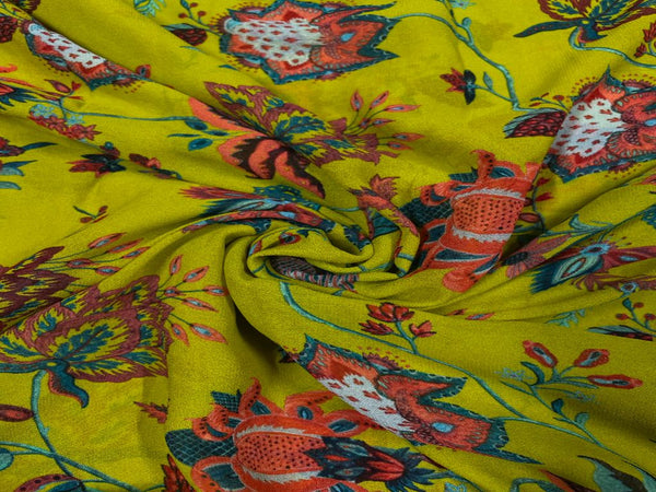 Yellow Multicolour Flowers Printed Pure Georgette Fabric