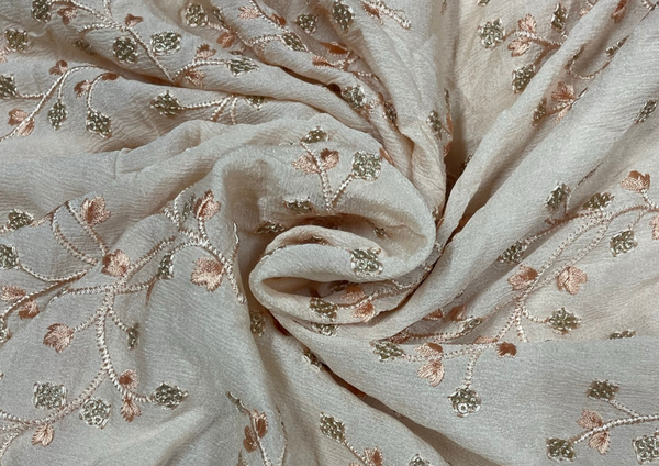 Light Peach Floral Embroidered Semi Chiffon Fabric