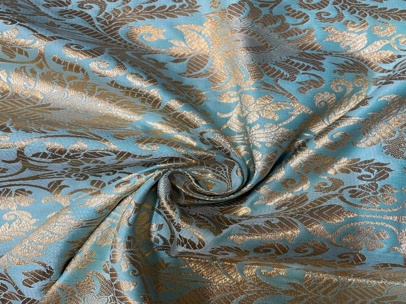 Semi Brocade Turquoise Blue Floral
