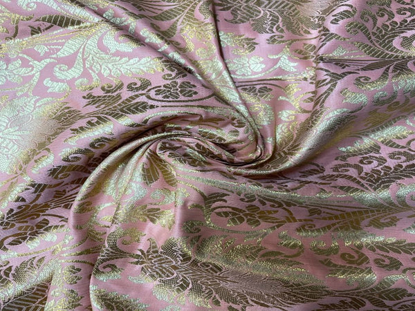 Pink & Golden Floral Semi Brocade Viscose Fabric
