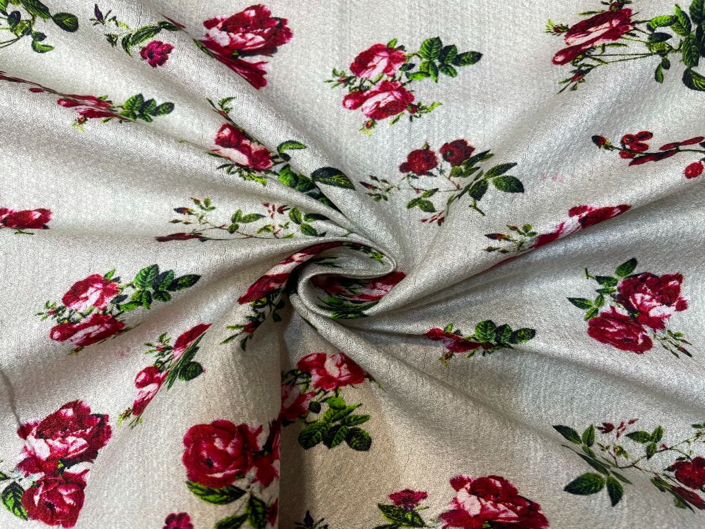 Gray Flowers Printed Dobby Katan Silk Fabric