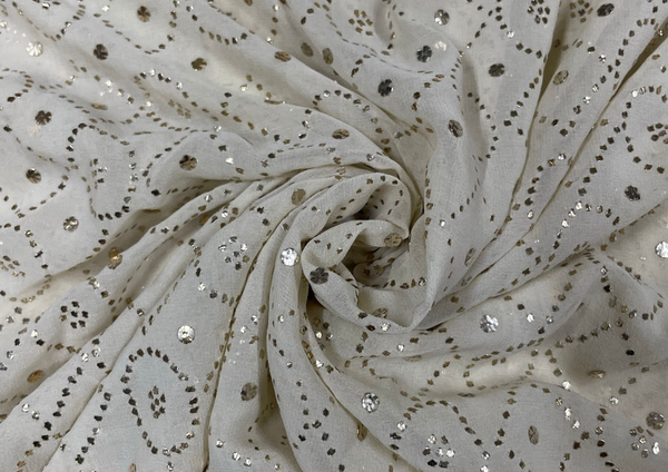 Off White Geometric Mukaish Work Pure Georgette Fabric