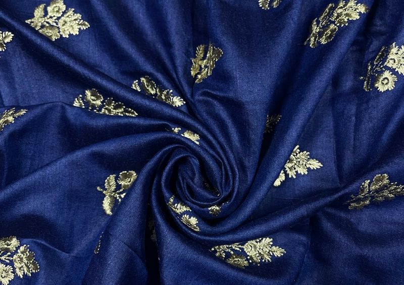 Pure Chanderi Silk Zari Navy Blue Floral Motifs Print