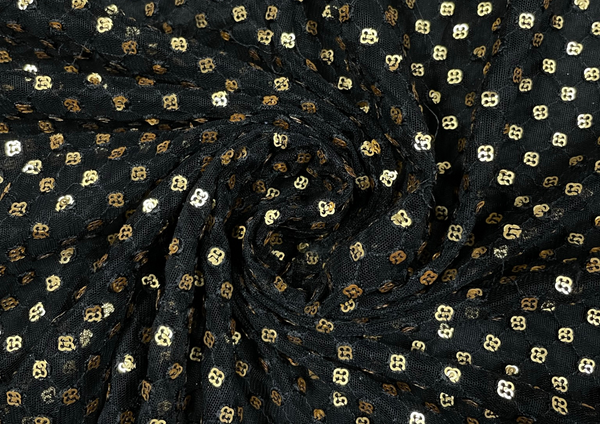 Black & Golden Floral Embroidered Net Fabric