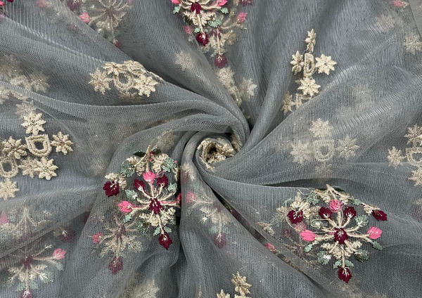 Grey Floral Embroidered Net Fabric