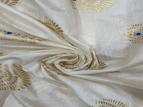 White Golden Floral Motifs Dyeable Pure Chanderi Zari Fabric