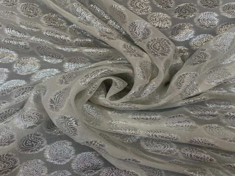Dyeable Banarasi Semi Georgette White Silver Paisleys