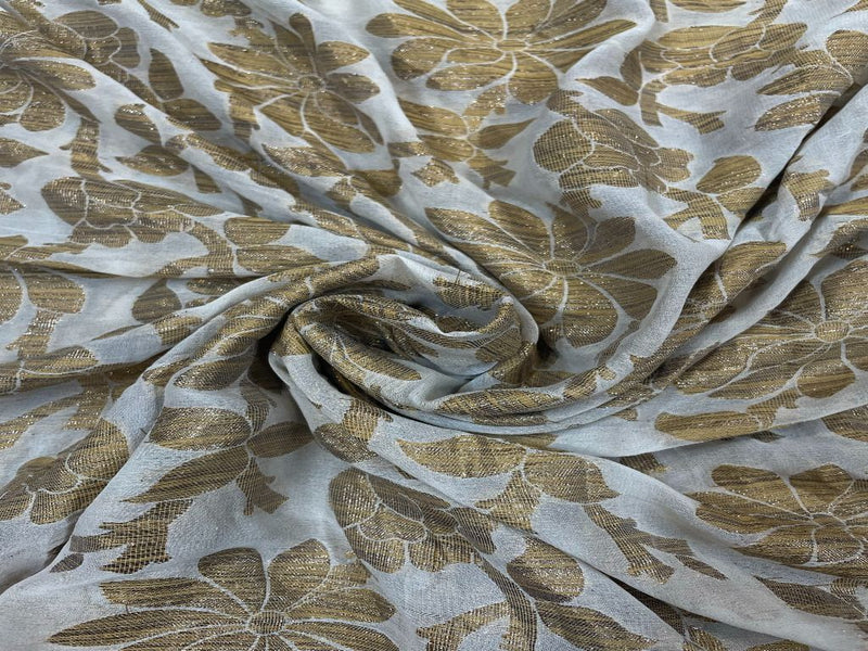 Dyeable Banarasi Semi Georgette White Golden Floral 4