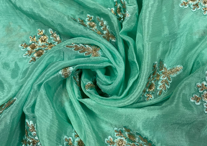 Embroidered Chiffon Sea Green Floral Motifs