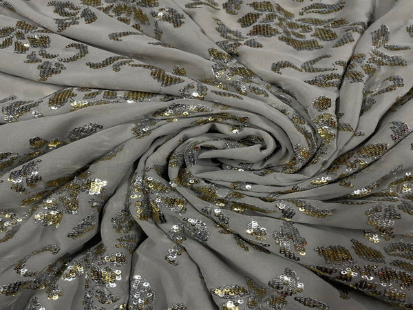 Grey Floral Georgette Embroidered Fabric