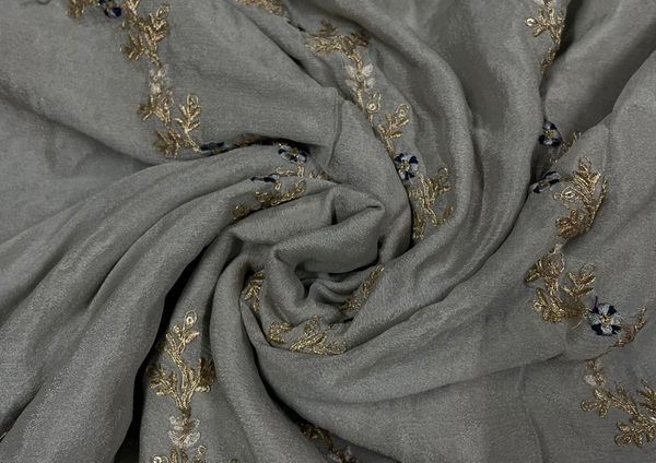 Grey Waves Embroidered Semi Chiffon Fabric