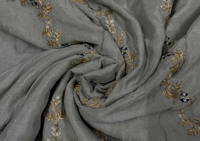 Embroidered Chiffon Grey Golden Floral Stripes