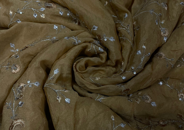 Mustard Floral Embroidered Semi Chiffon Fabric